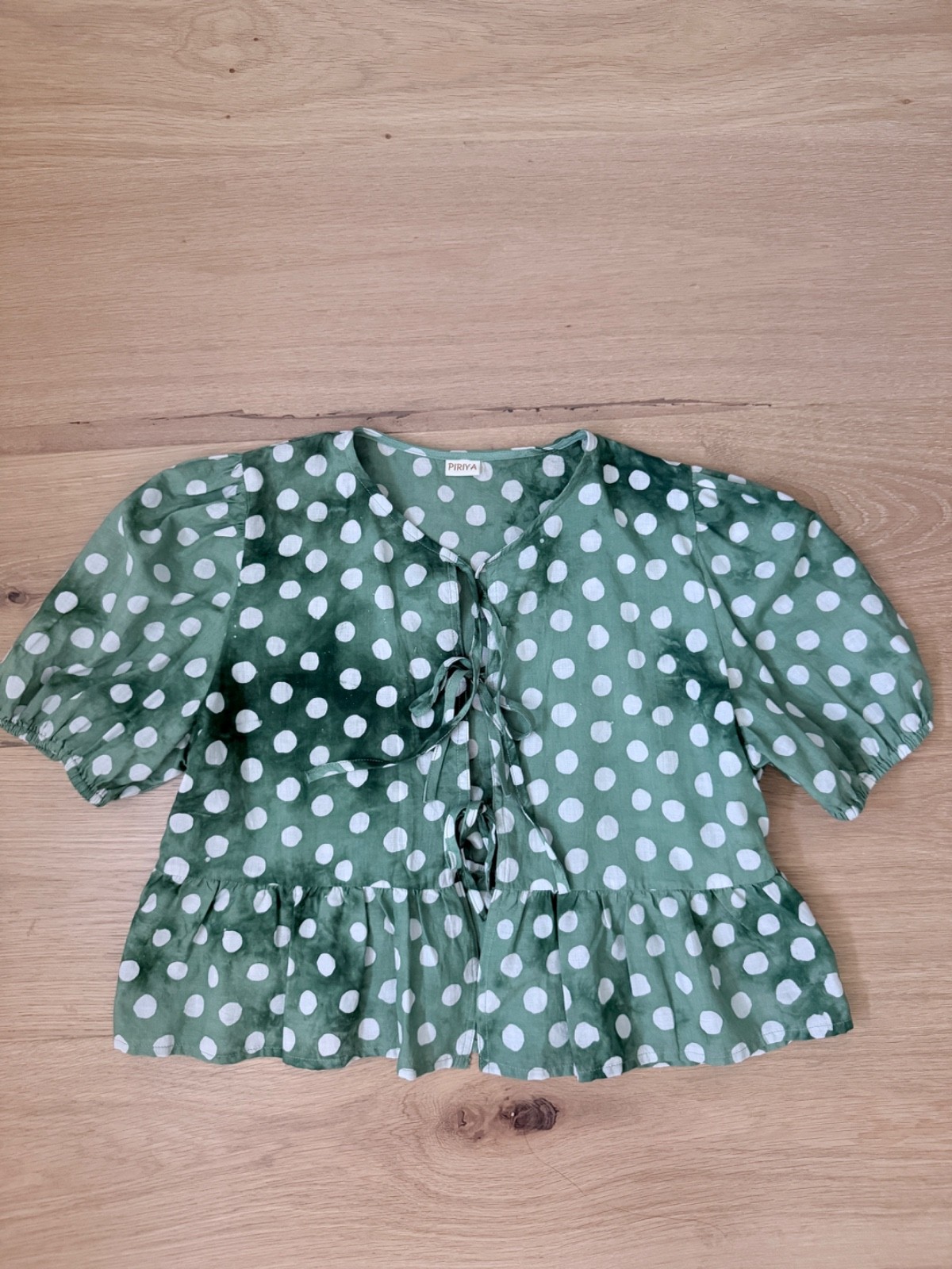 Cotton Women’s green Polka Dot Puff Sleeve Bow Blouse Small/medium