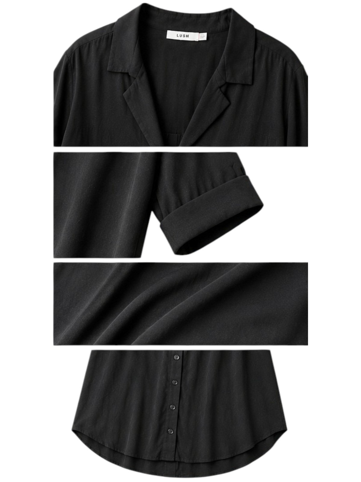 LUSH Black Collared V-Neck Blouse 100% Rayon High Low Back Button Shirt – XL/2XL
