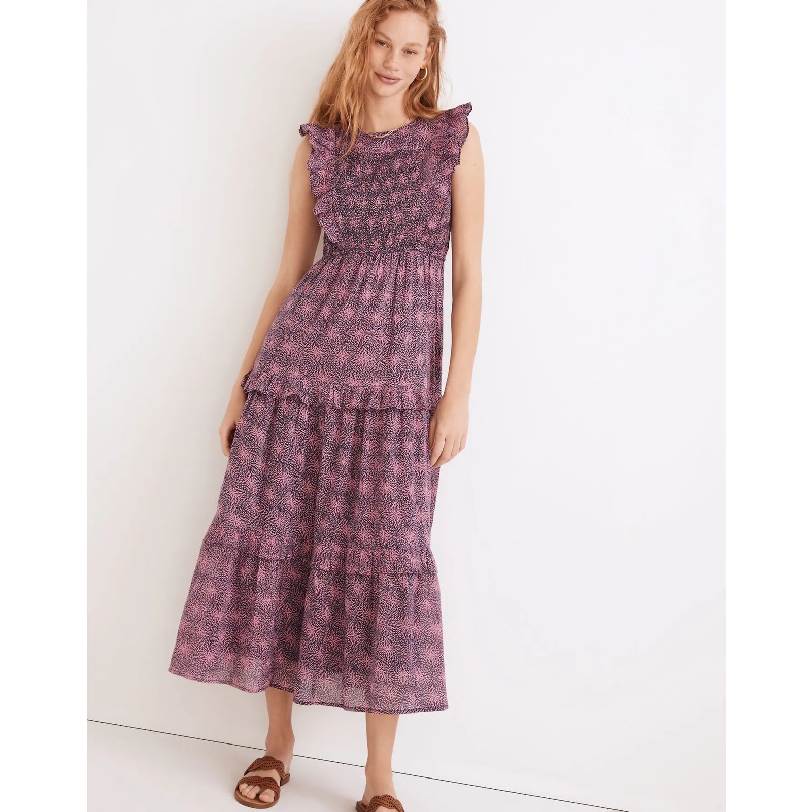 Banjanan 100% Cotton Pink Blue Iris Smocked Floral Midi Dress Size Small