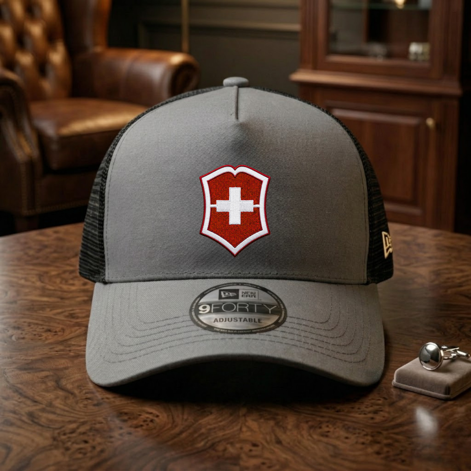 Victorinox Embroidered Logo Trucker Hat Gray Black Mesh Back Adjustable Cap