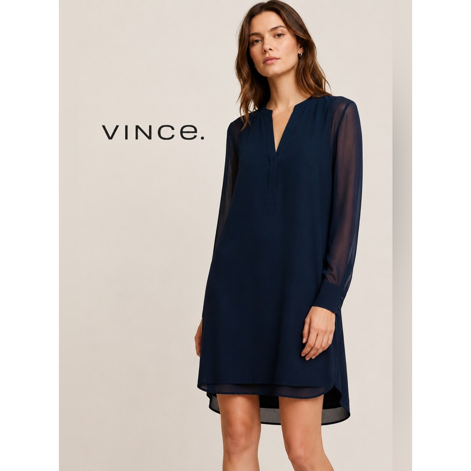 Vince 100% Silk Double Layer Shirttail Dress Navy Sheer Sleeves Size 4