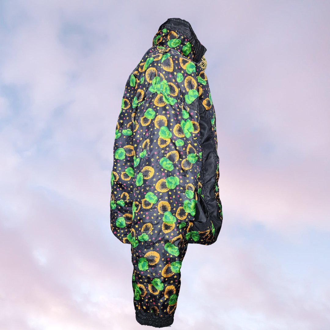 Vtg 80s Miramax Colorful Zip Up Windbreaker Floral Black Green Yellow Stars L