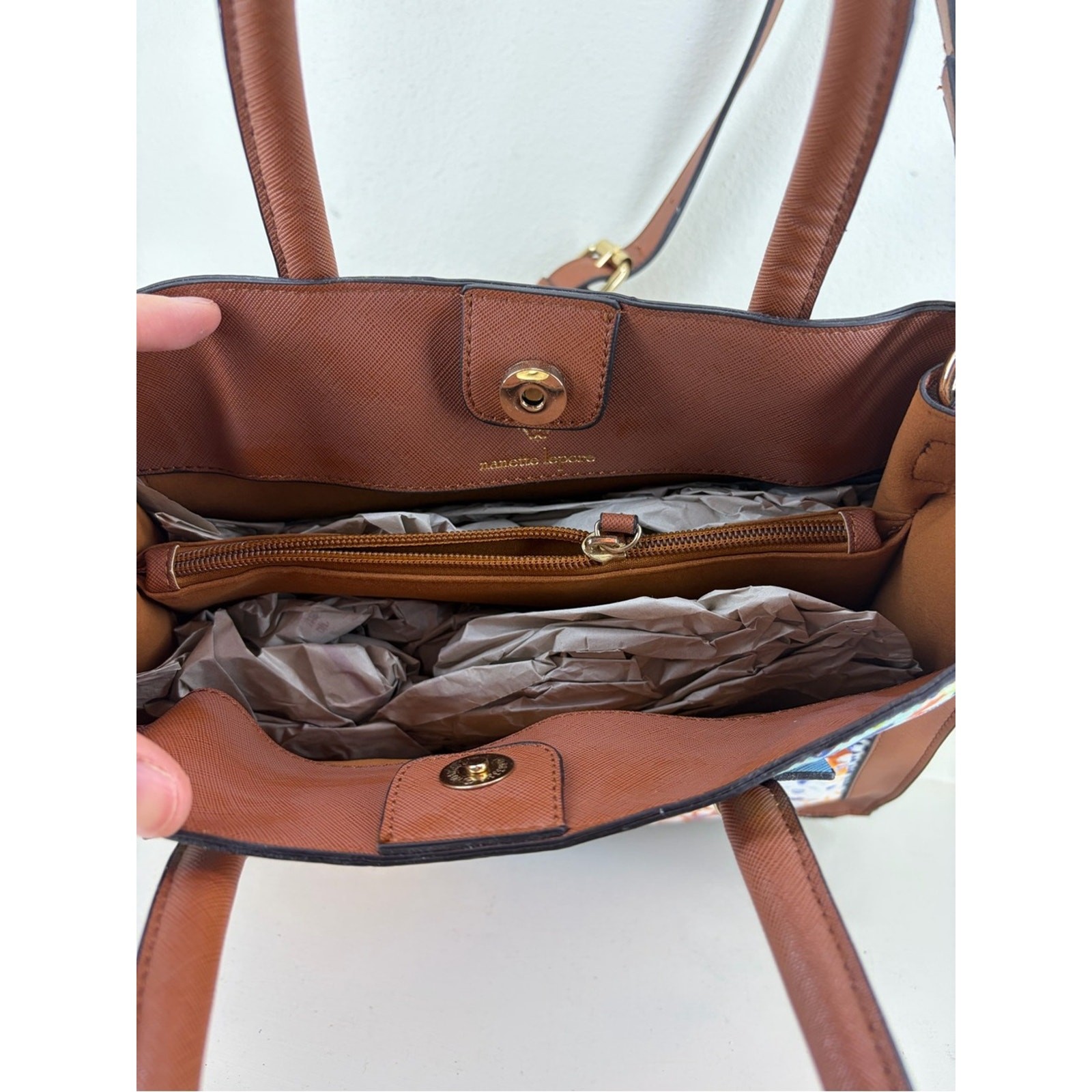 Nanette Lepore Brown Satchel with Light Blue Trim