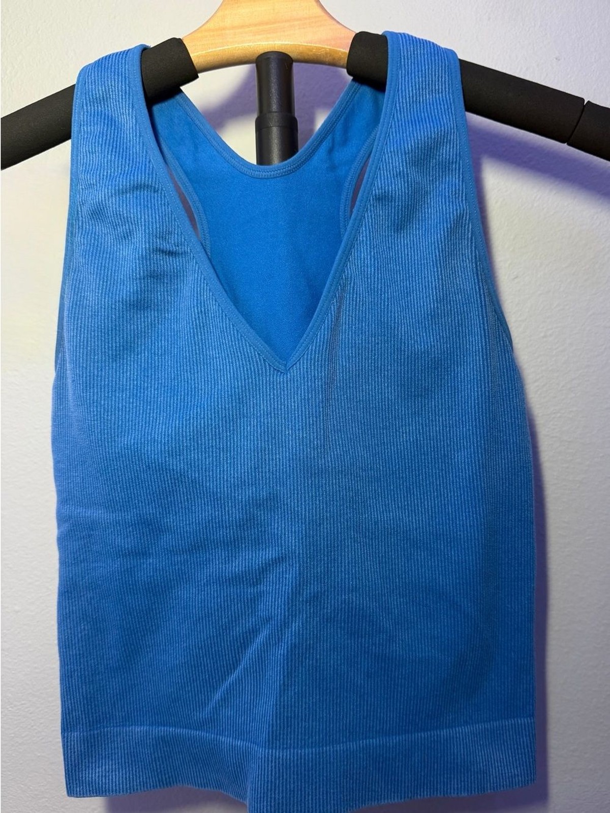Joy Lab Women’s Blue Ribbed V-Neck Tank Top with Razor back and built-in bra.