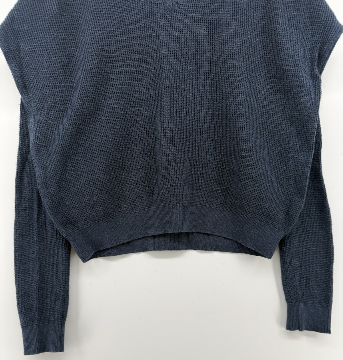 Prana Womens Medium Blue Waffle Knit Cropped V Neck Sweater Shirt