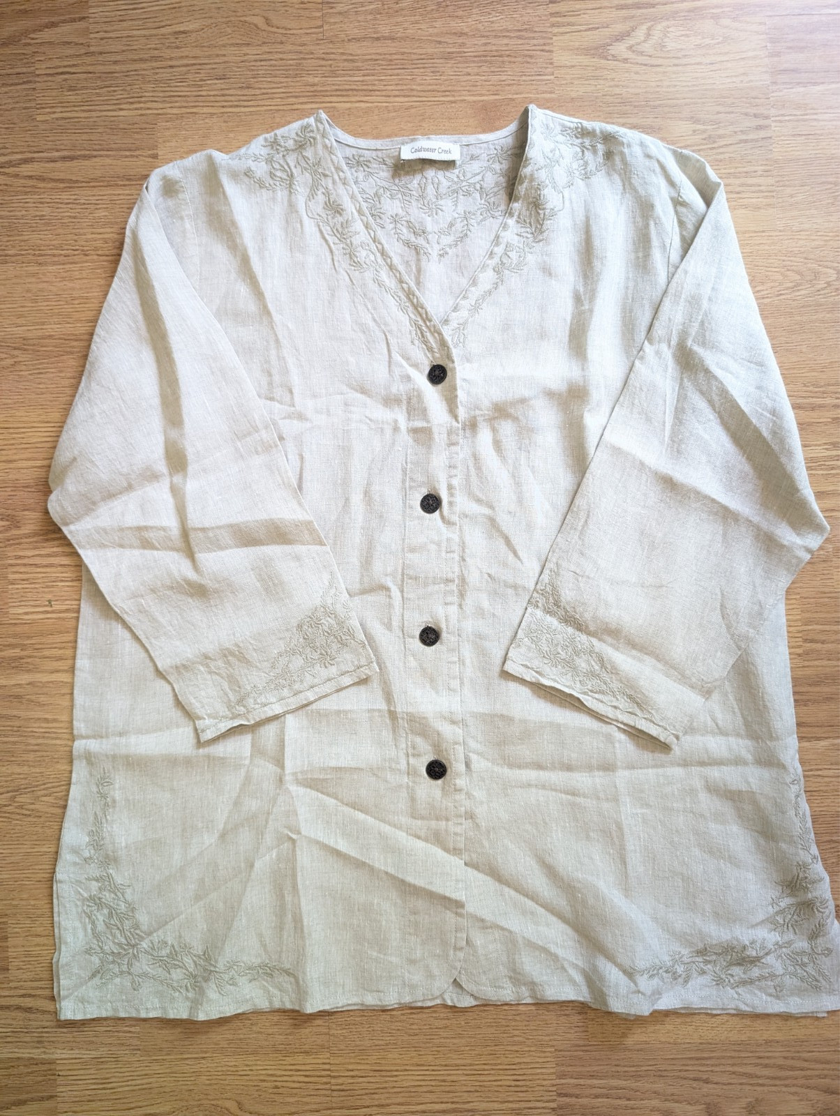 Coldwater Creek Linen Boho Top Beige Button Up w Slit 3/4 Sleeve Embroidered XXL