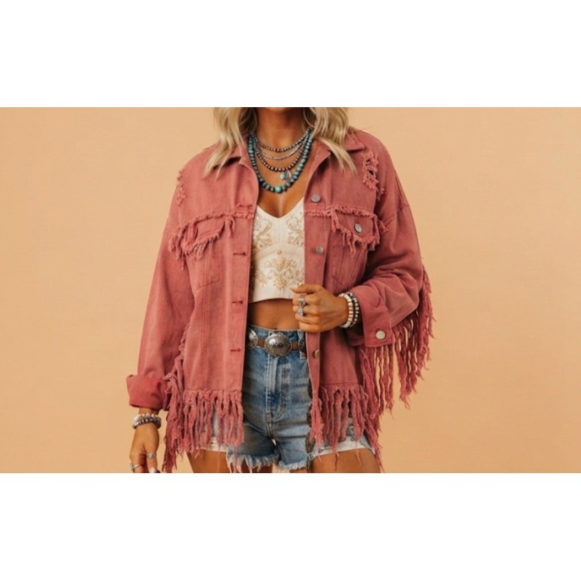 Lucky & Blessed Womens Rose Red Distressed Fringe Denim Jacket JO061 Large