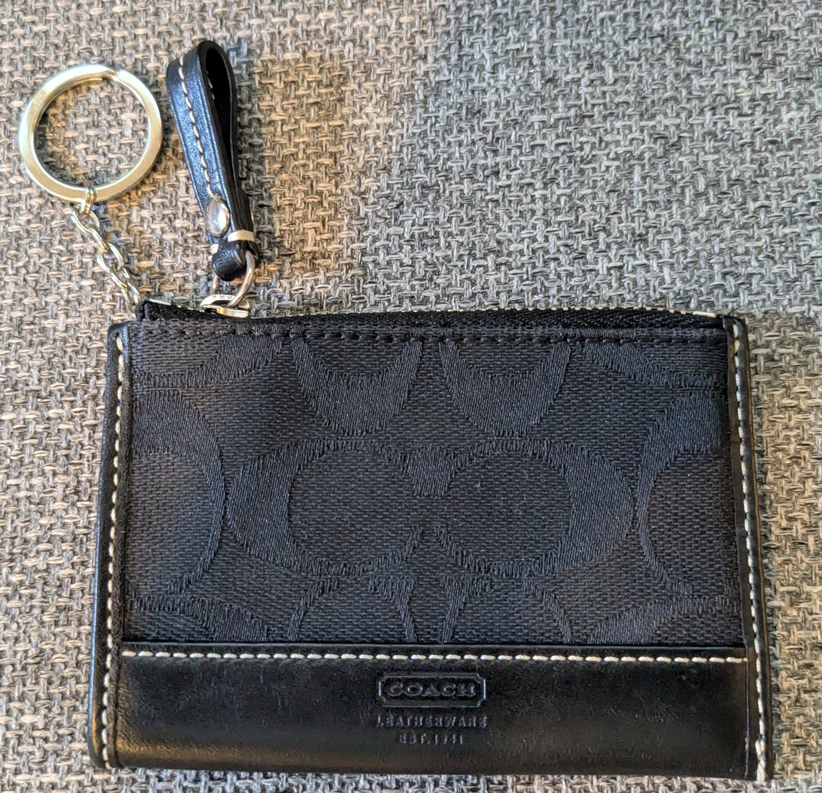 Coach Black Signature Mini Slim ID Credit Card Key Chain Monogram Logo Wallet
