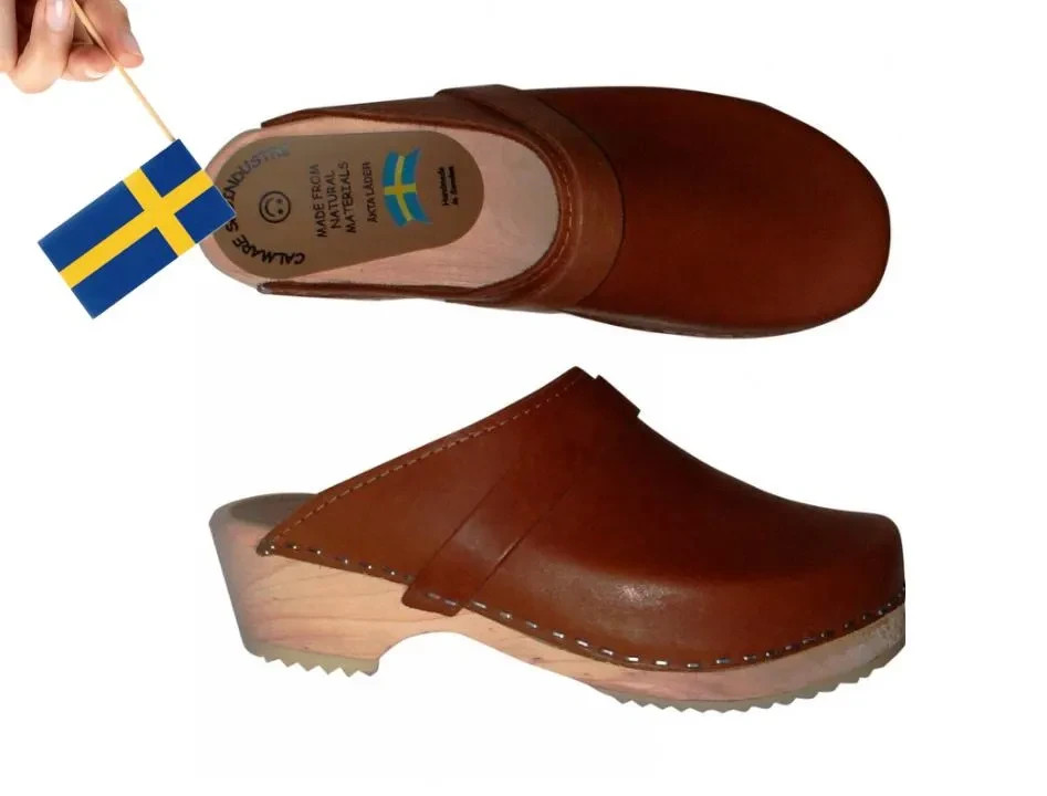 Calmare Trätofflor “ORIGINAL NATUR” Swedish Clogs in Natural Brown leather