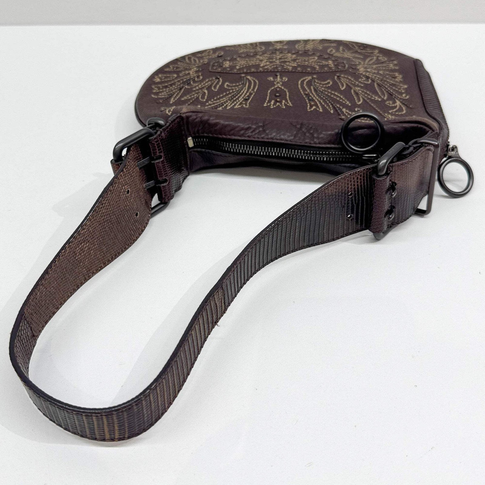FENDI Selleria Oyster Lizard Embossed Leather Trim Embroidered Brown Leather Sho
