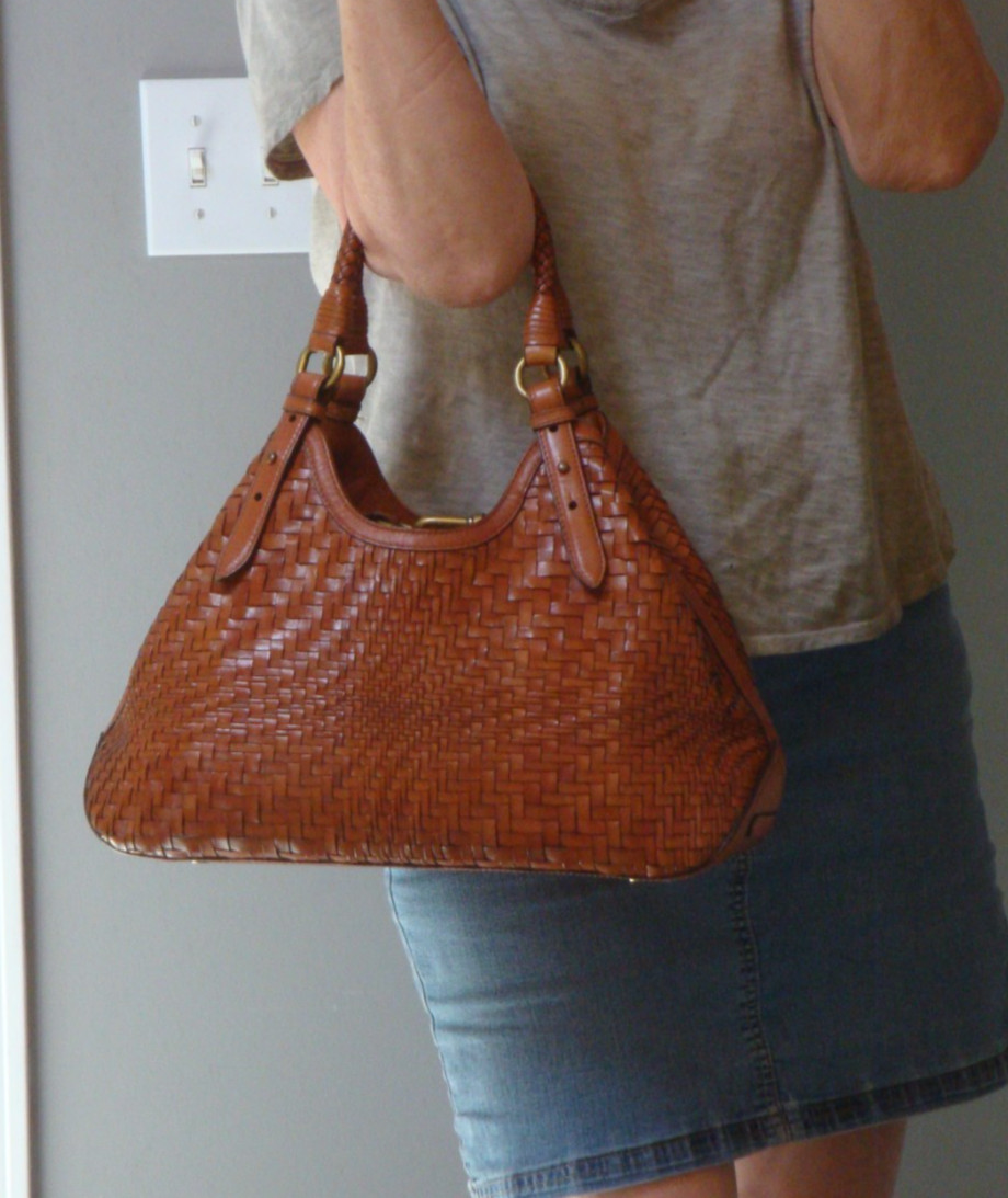 COLE HAAN Genevieve Brown Leather Boho Handbag Satchel Woven Large Tote Weave