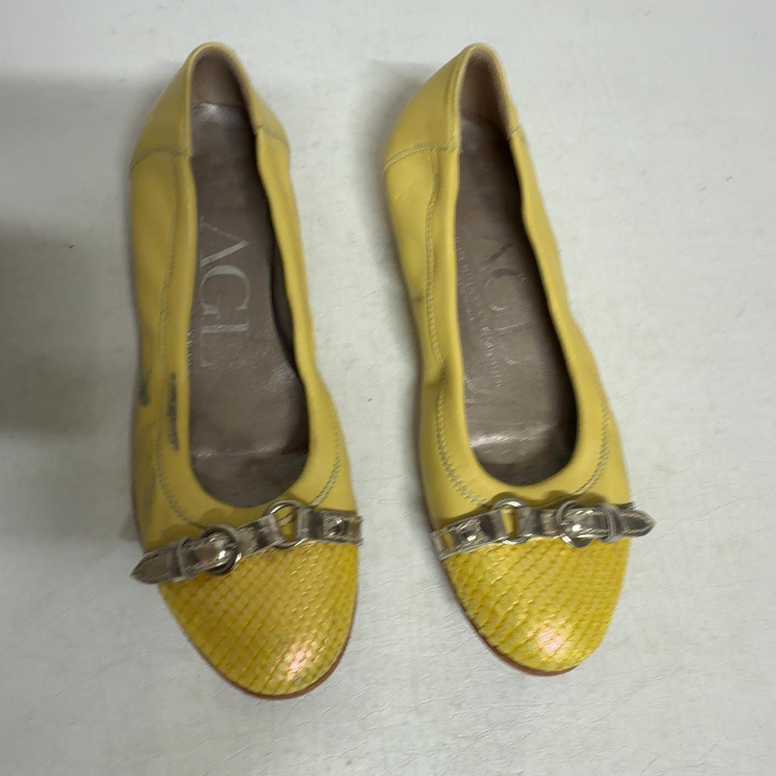 AGL Yellow Leather Ballet Flats Buckle Snake Embossed Italy sz 37