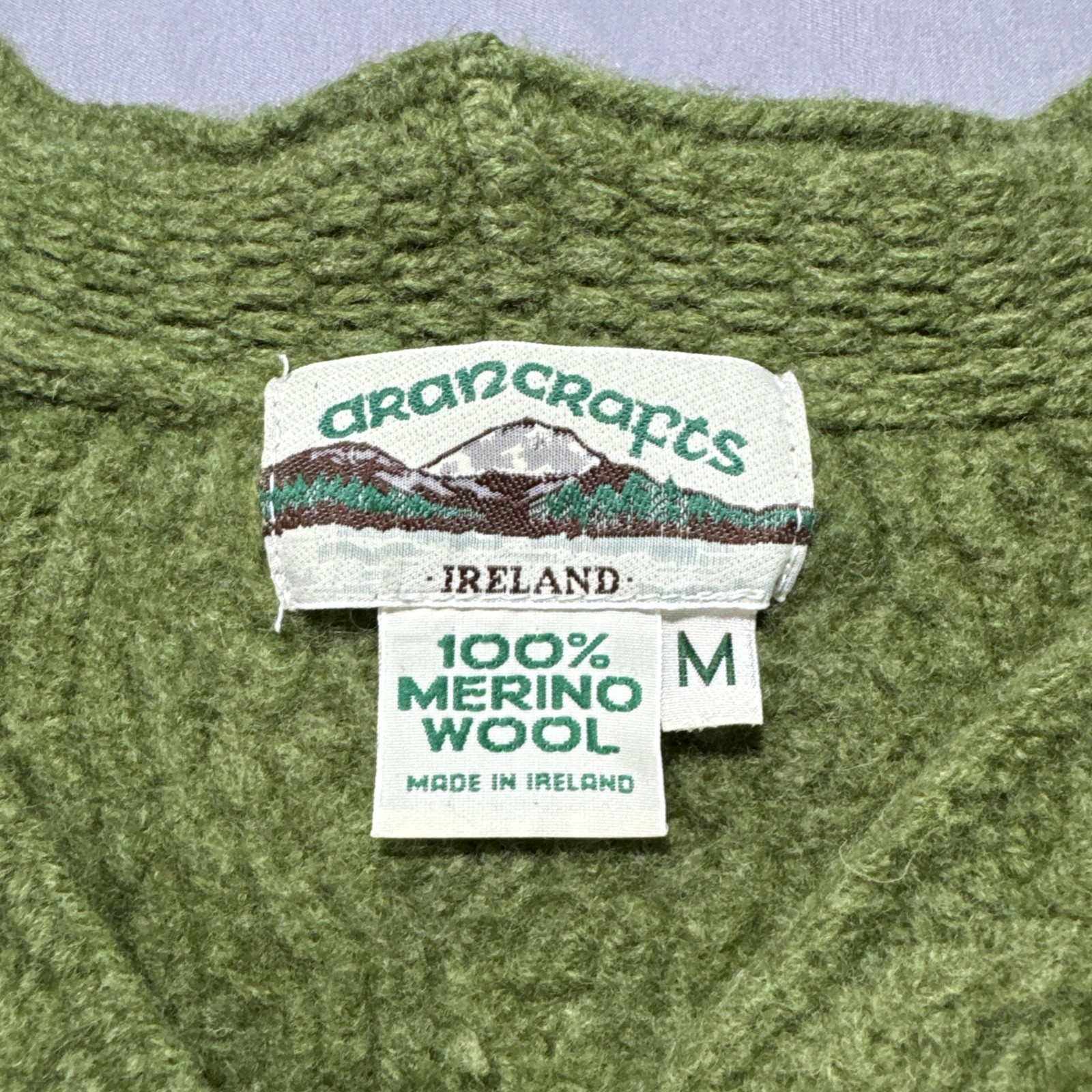 Aran Crafts Cable Knit Cardigan Womens M Green Merino Wool Ireland Cottagecore