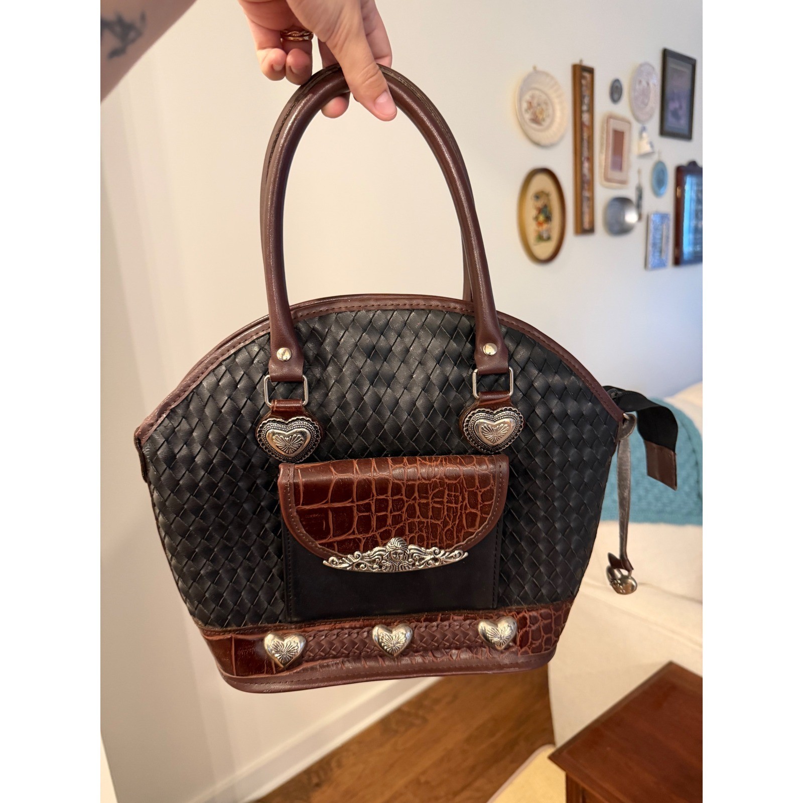 Western Woven Leather Satchel Handbag Black Brown Croc Heart Concho Dome Bag