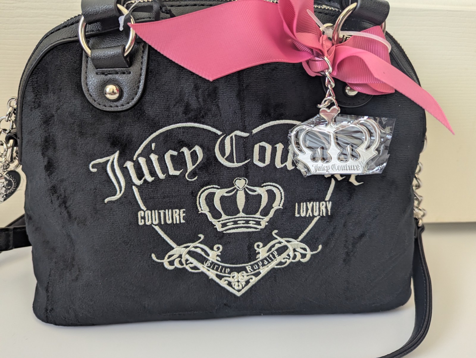 Juicy Couture Black Small Satchel Zip Top Logo Bow Charm Chain Strap Silver