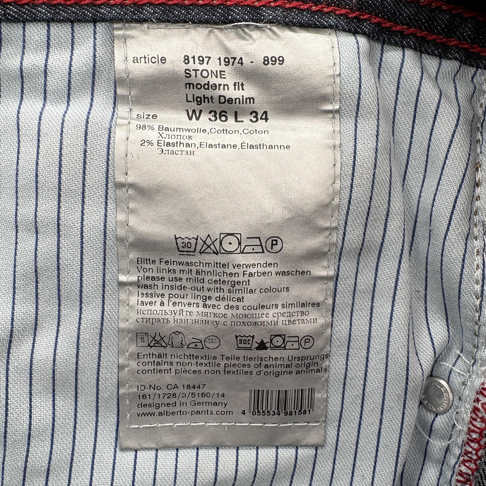 Alberto Stone Modern Fit Jeans Mens 36×32 Blue Dark Wash Regular Stretch Denim