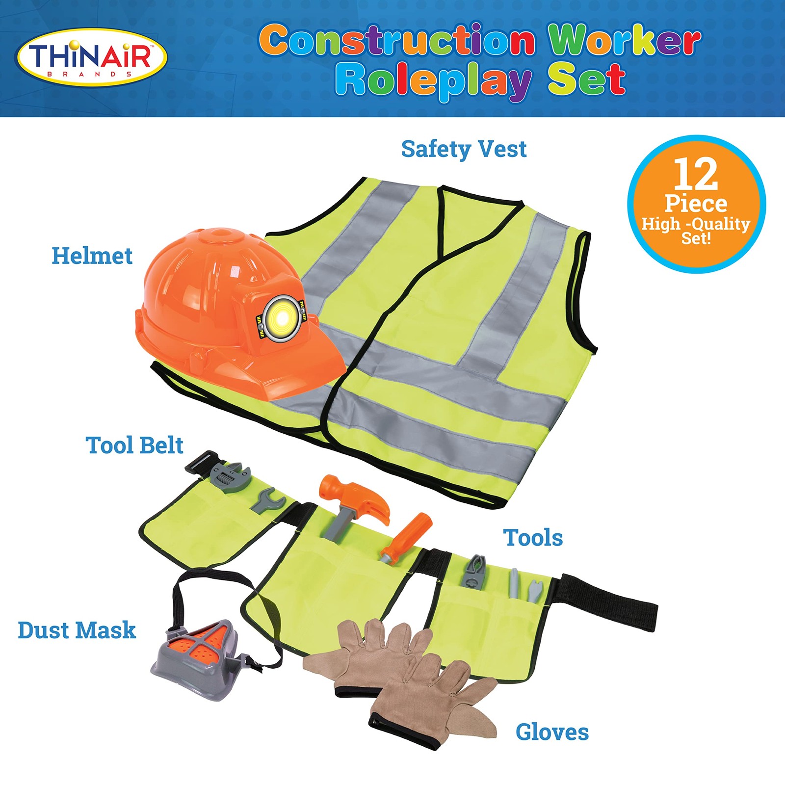 Construction Worker Roleplay Costume Set with Hat, Tools, Tool Belt, Gloves, …
