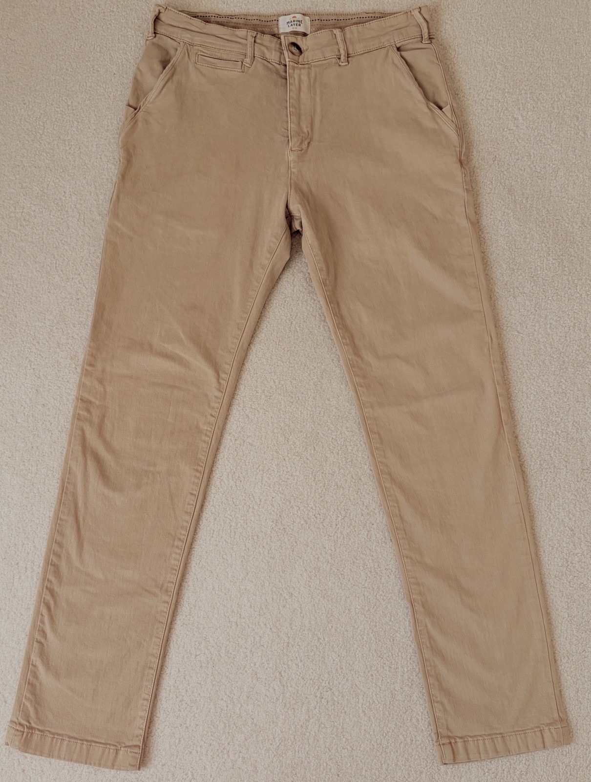 Marine Layer Men’s Beige Chino Pants 32W Slim Straight Stretch Flat Front