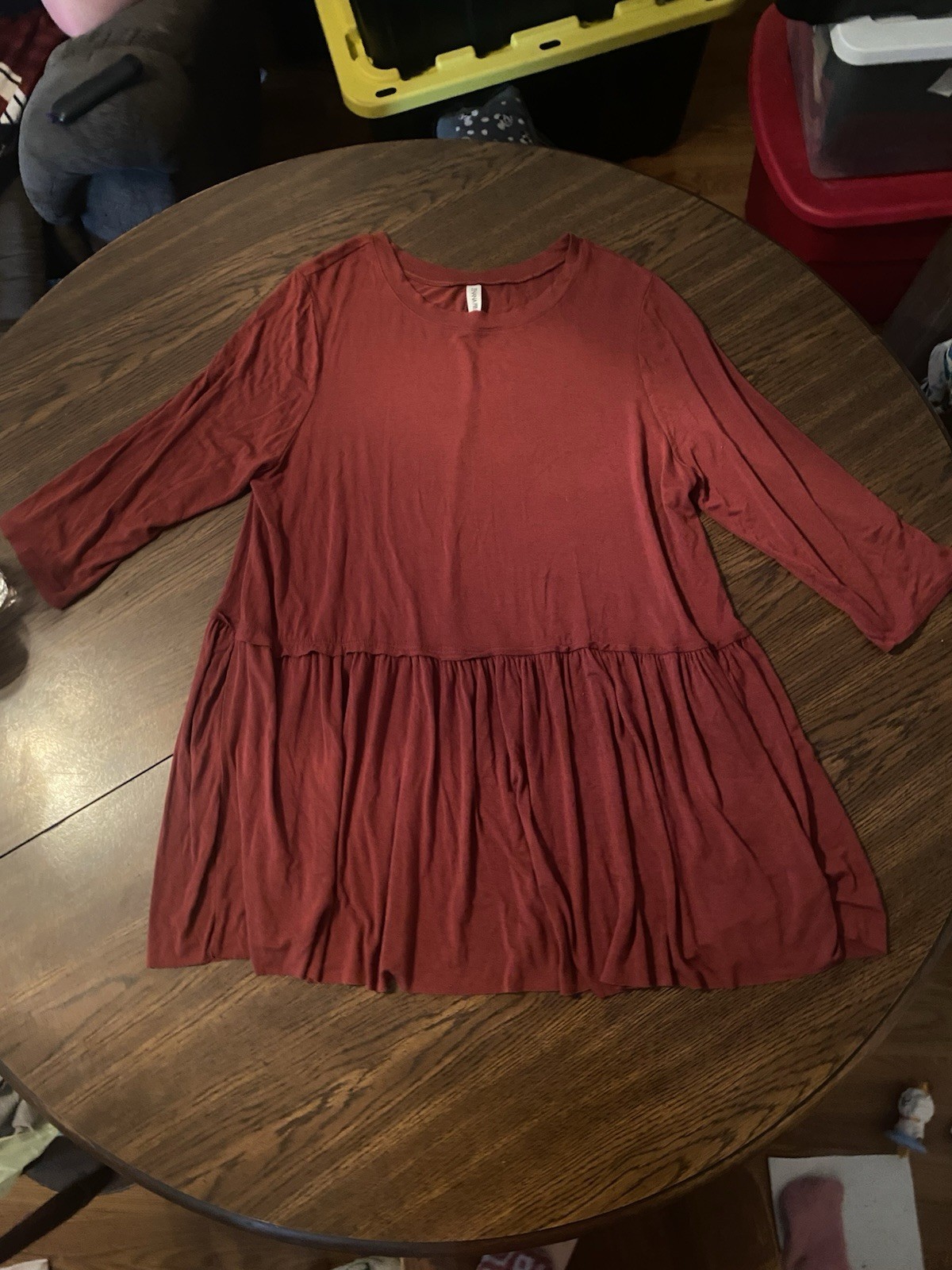 Zenana Premium Women’s Plus 2X Brown Solid Round Neck 3/4 Sleeve Ruffle Shirt