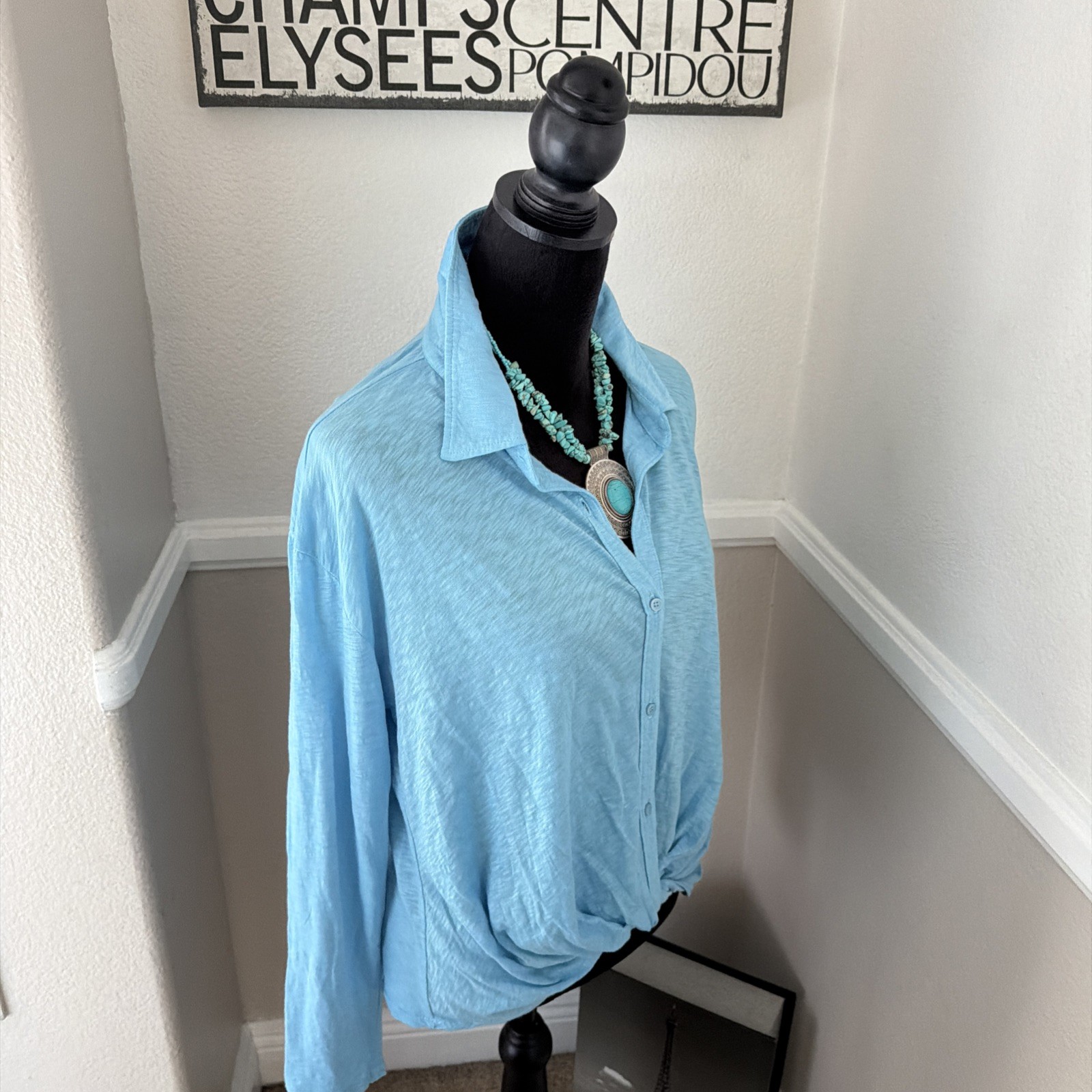 NWT Stateside 100% Supima Cotton Collared Twist Front Top Button Front Blue L