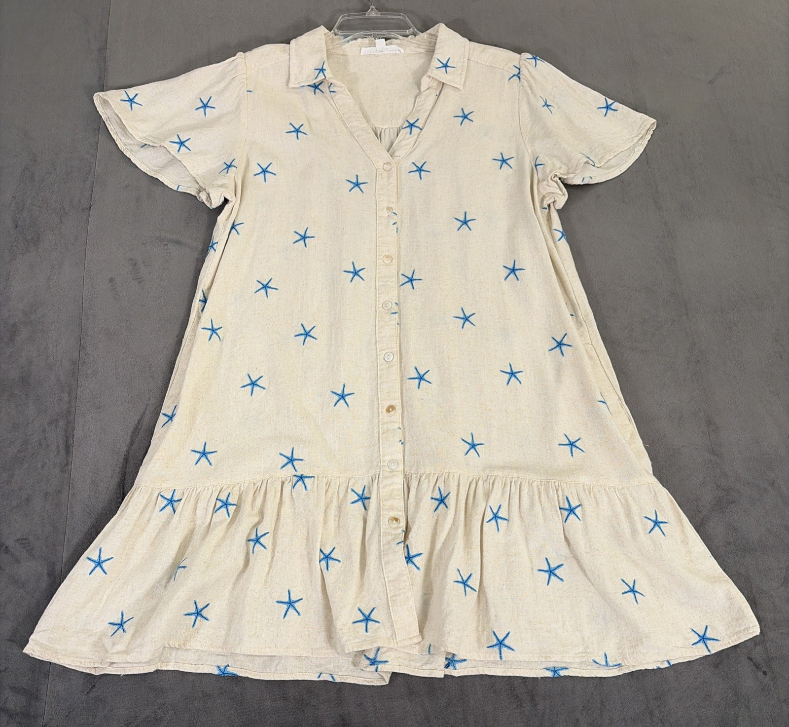 Jane + Delancey Womens Lg Starfish Print Linen Blend Button Front Shirt Dress