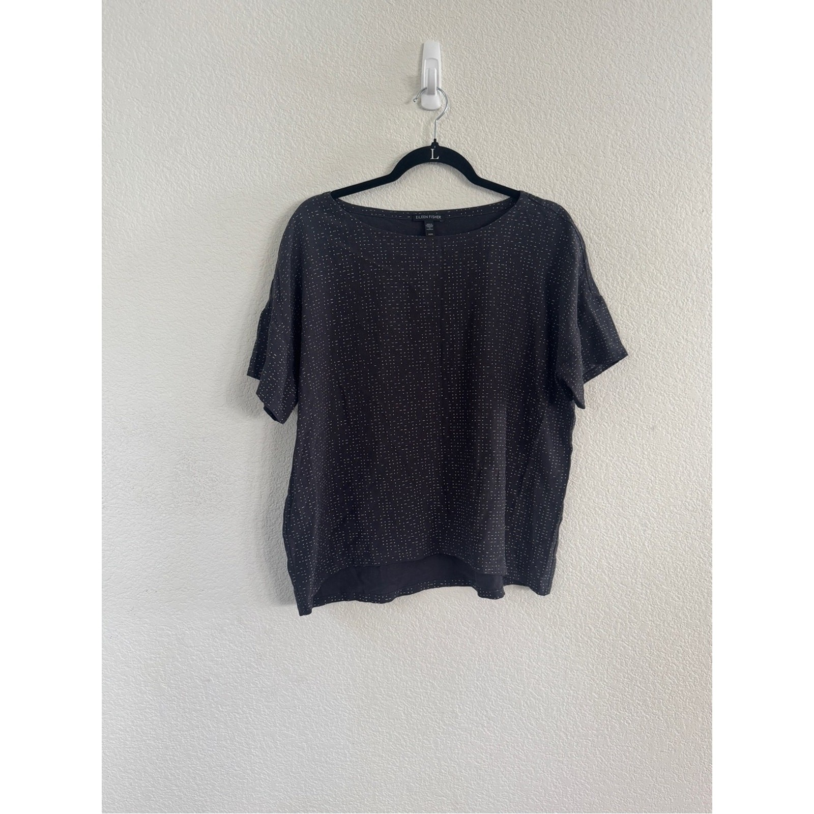 Eileen Fisher Black Short Sleeve Boxy Top with Subtle Dot Texture Medium