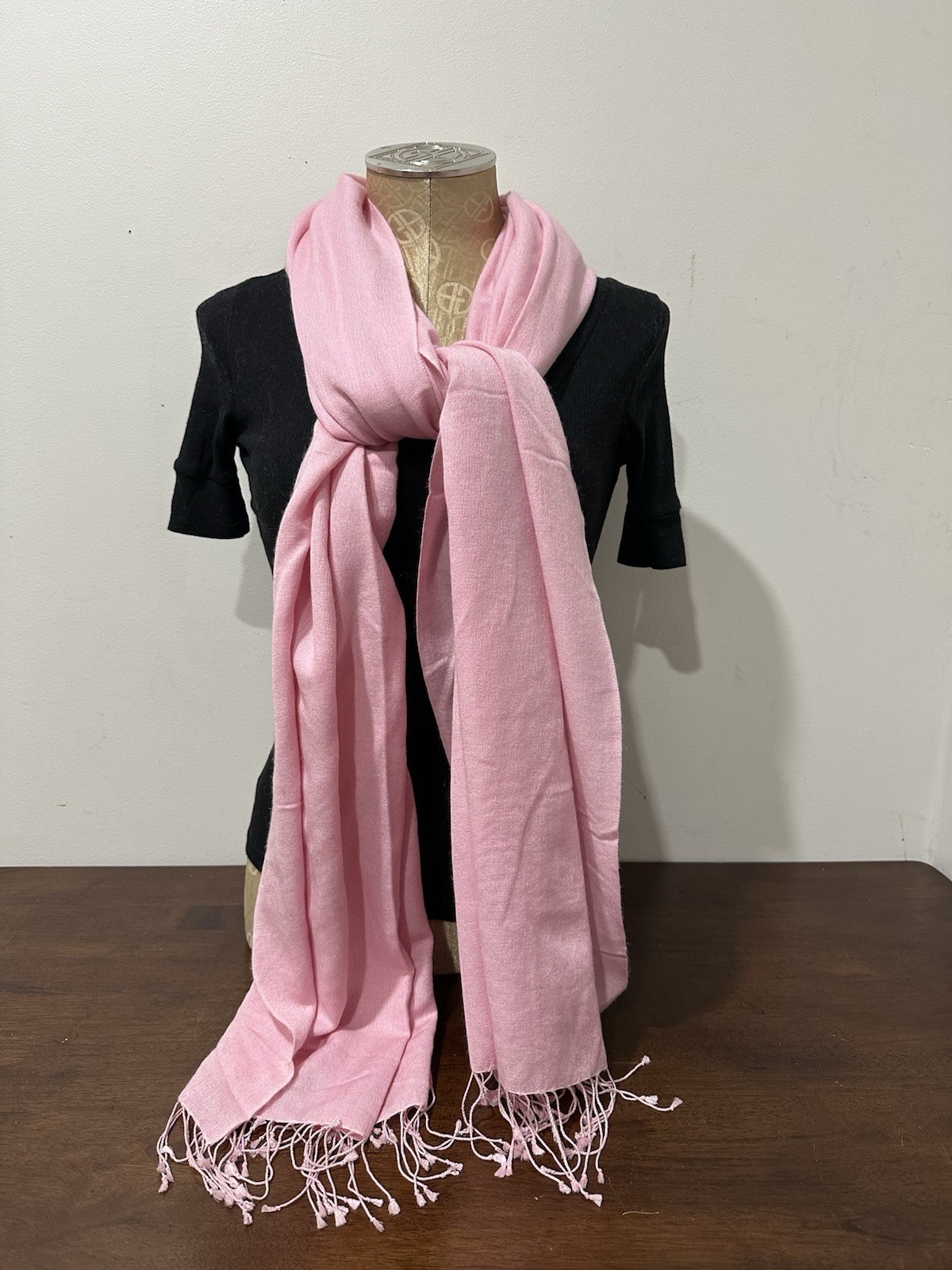 Pashmina silk pink shawl scarf handmade in Nepal with tassels 27″ X 76″