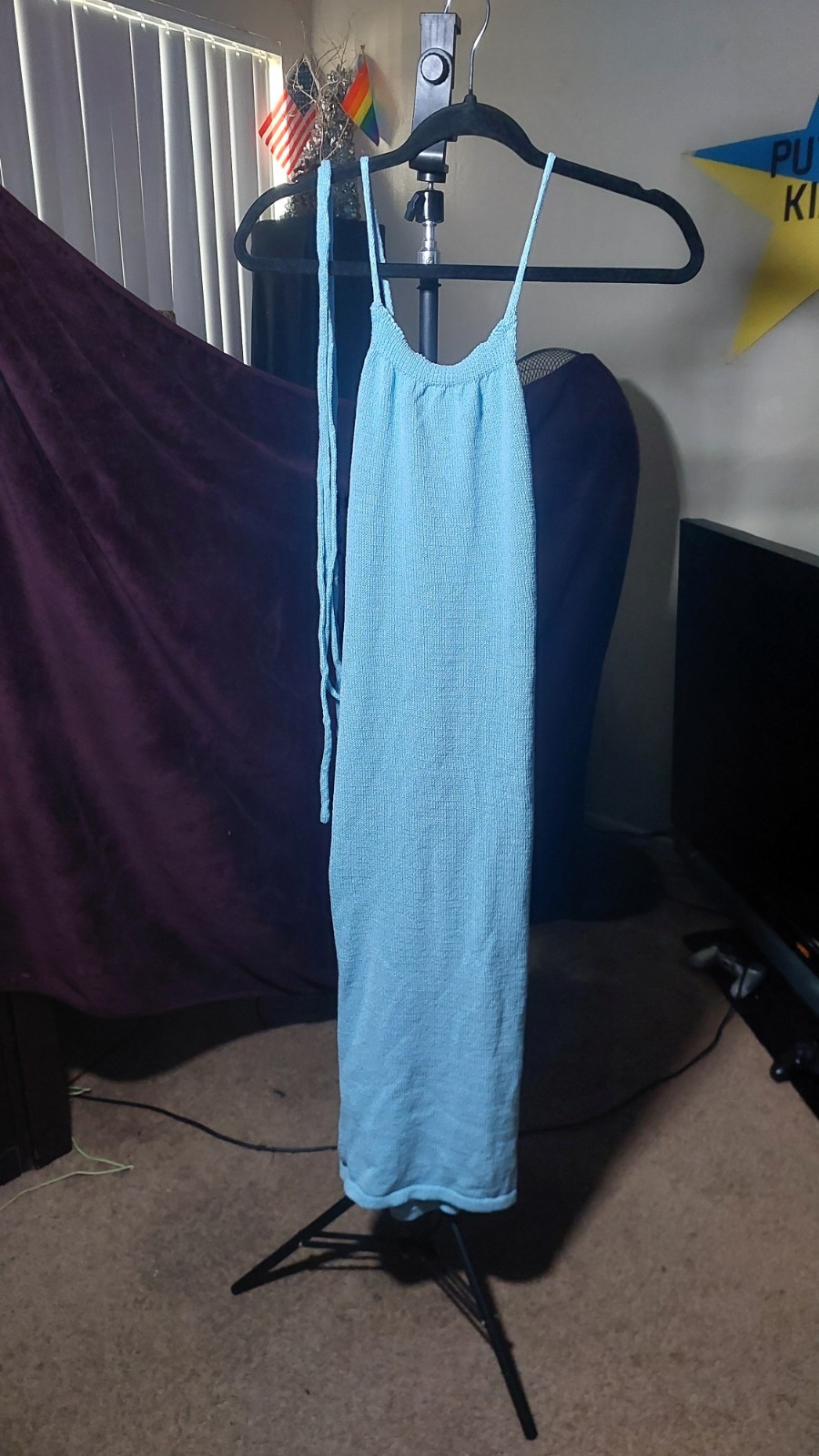 Women’s Blue Knit Lace-Up Jumpsuit Size S Square Neck Strappy Adjustable