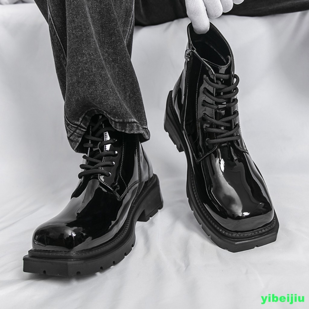 Mens Shiny Leather Dress Ankle Short Boots Platform Wide Shoes Motorcycle Gothic