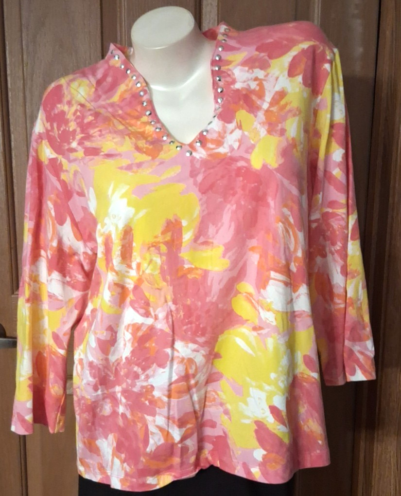 Ruby Rd. Pink and Yellow Tee V-Neck With Rivets Bracelet Sleeves Size XL
