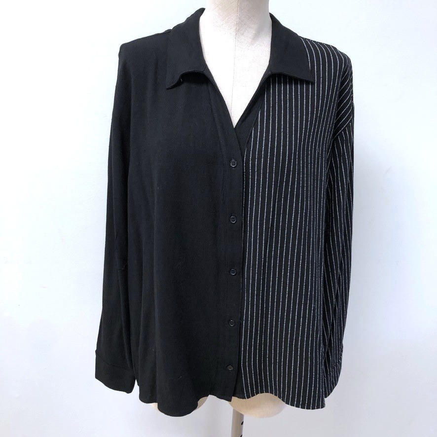 ee:some Button Down Womens Large Black Pinstripe Split Design Cotton Hemp TK9102