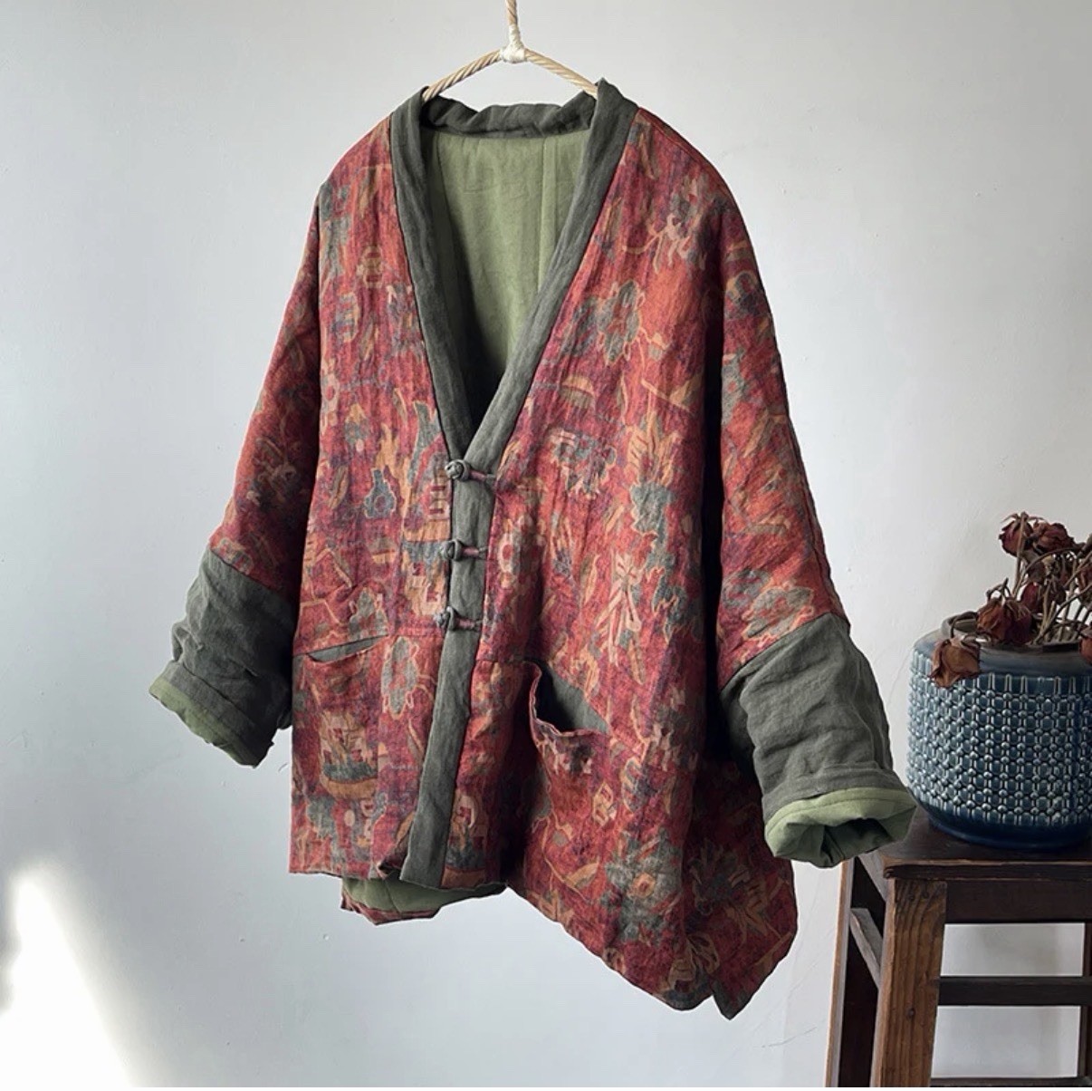 Quilted Jacket Cotton Vintage Floral Pattern Pockets Oriental Boho One Size