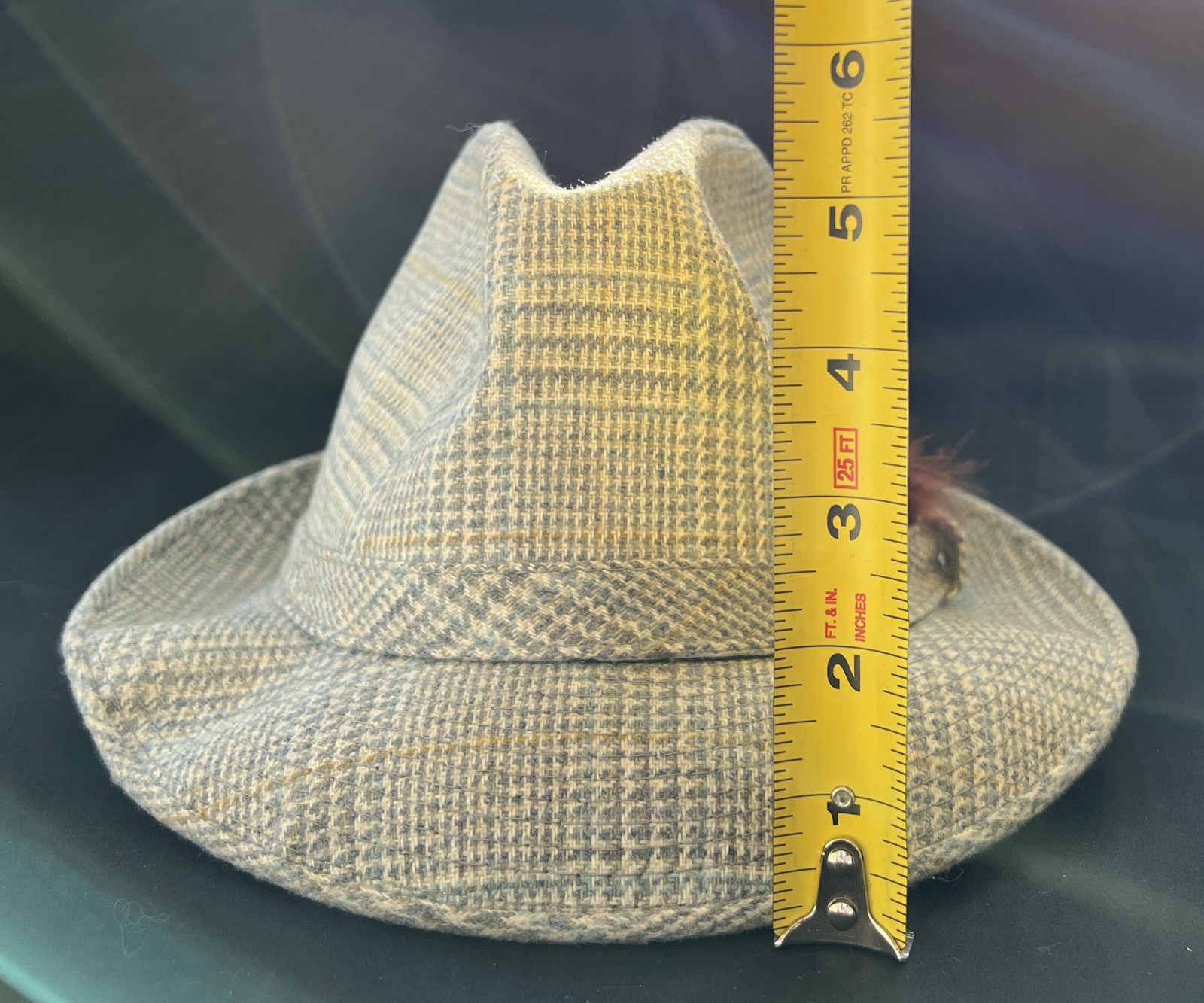 Vintage Fedora Men’s Medium Artel Wool Ivory Gray Blue Plaid Hat w/ Feathers