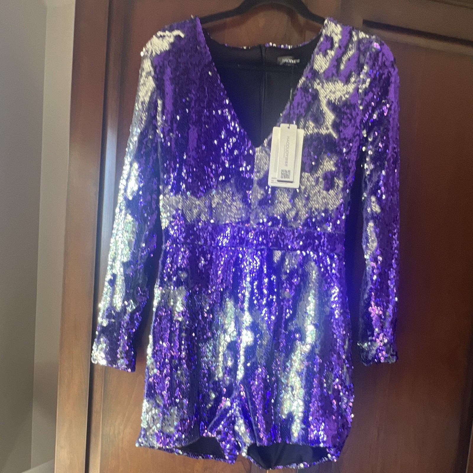 HAODUOYI Women’s Purple/Silver Sequin V-Neck Long Sleeve Romper Party L
