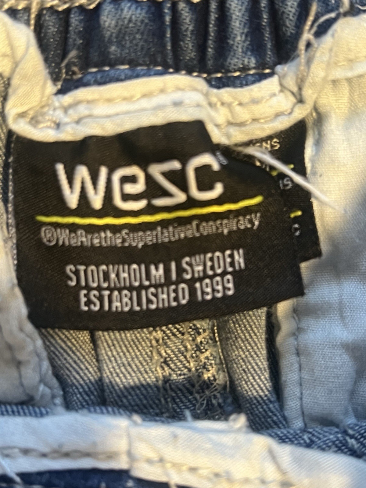 WeSC Men’s Blue Denim Regular Fit Cargo Pants Drawstring Elastic Waist M
