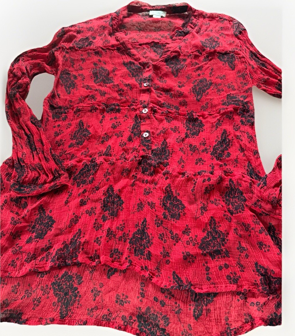 Sundance Size Medium Elodie Black Red Floral Tiered Blouse Top Button Sheer