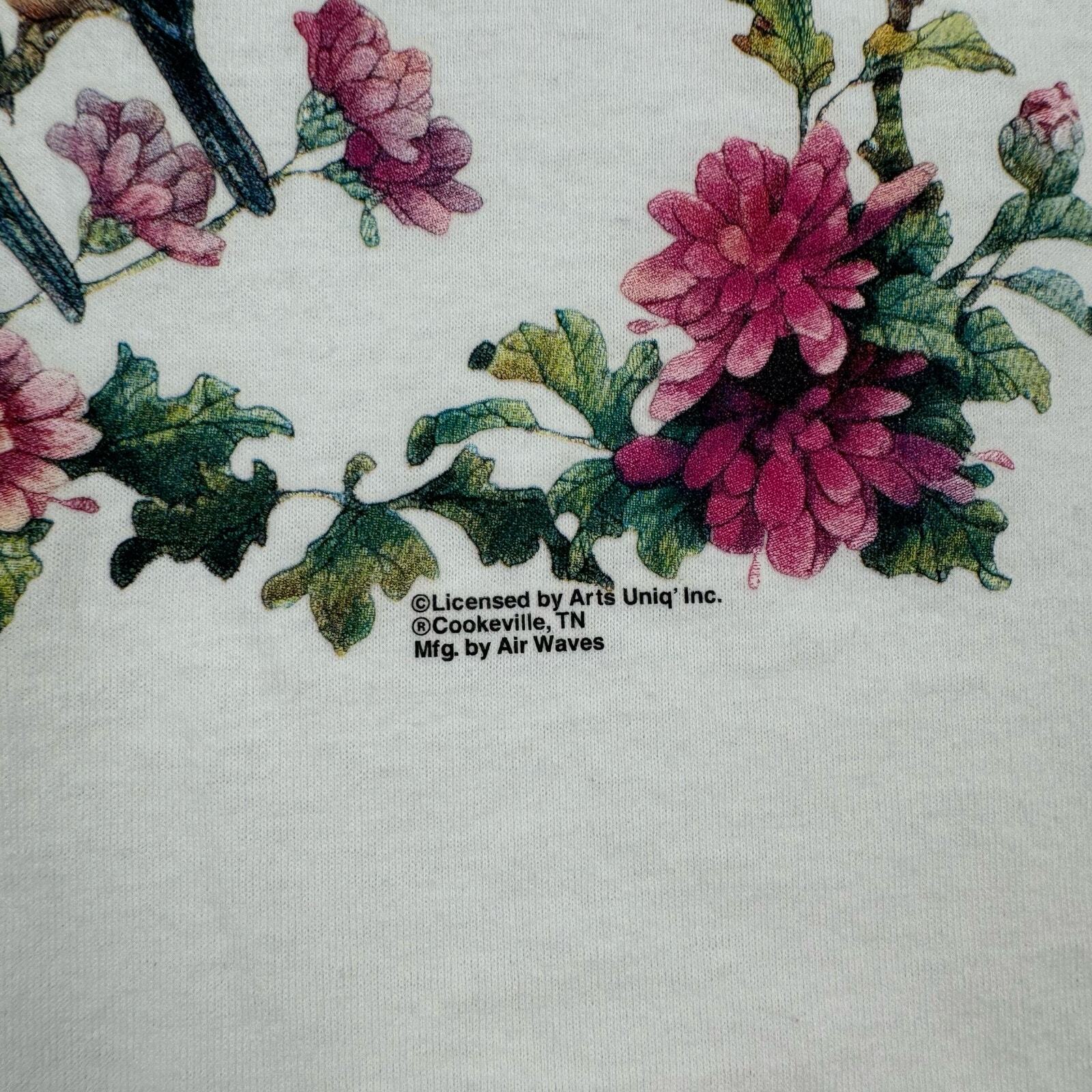 Vintage Flower Shirt Size Large White Short Sleeve Floral Birds Cottage Cute