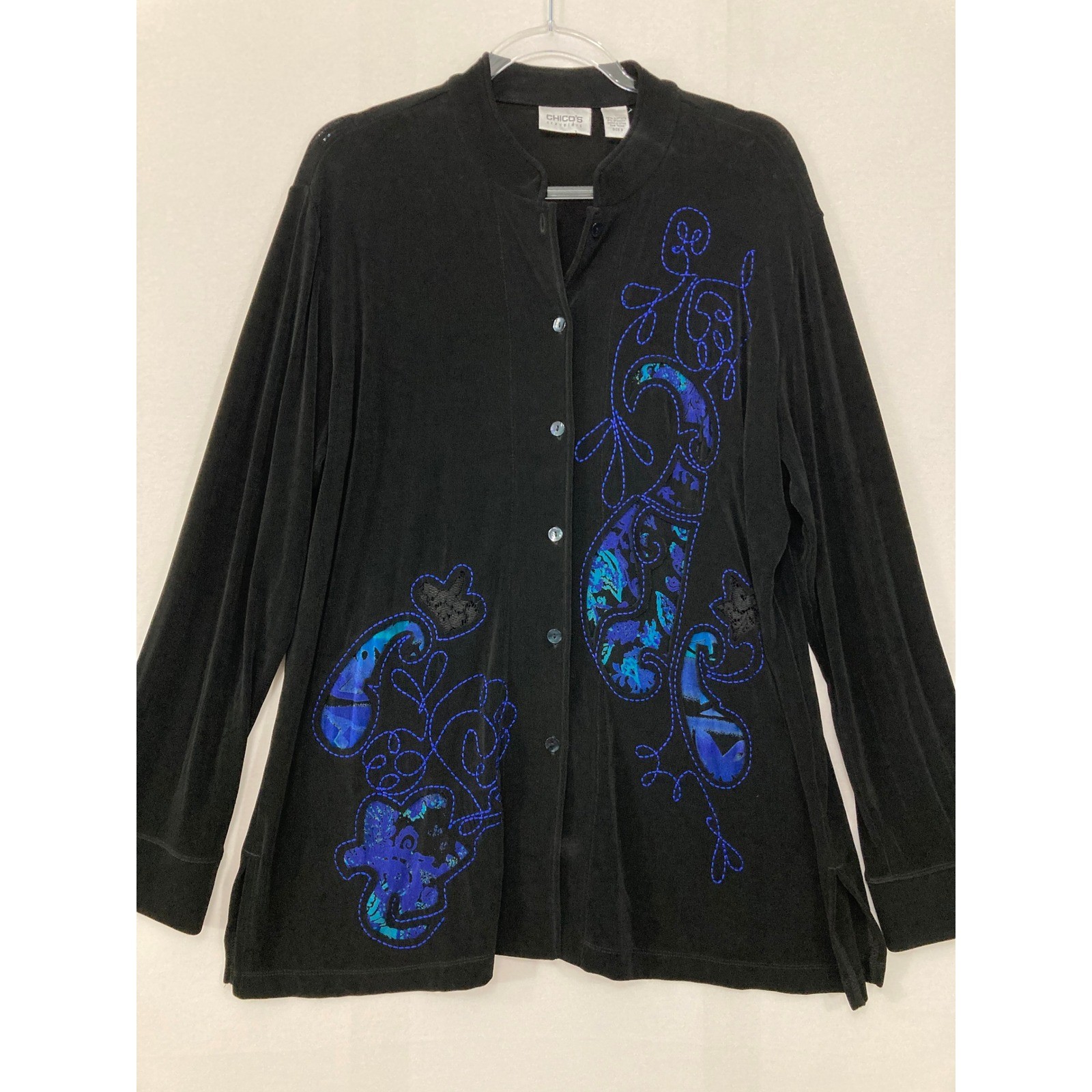 Chico’s Travelers Button Front Jacket Size 3/XL Slinky Knit Paisley Embroidered