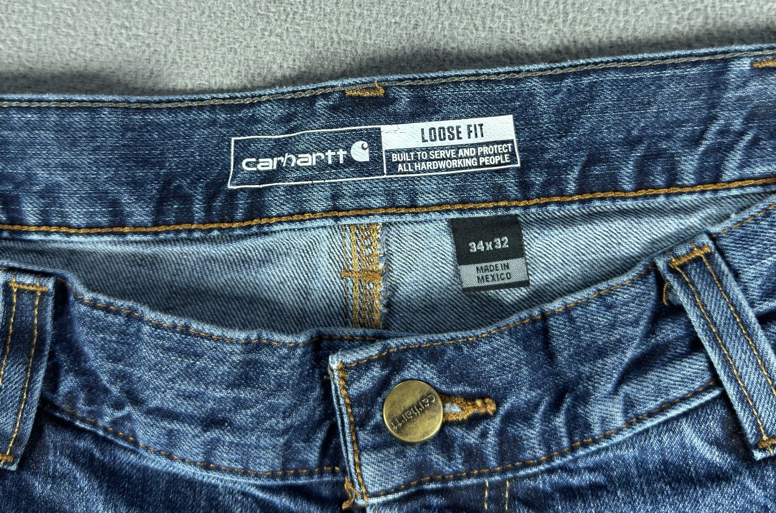 Carhartt Jeans 34×32 Blue Distressed Faded Stain Double Knee Dungaree Loose