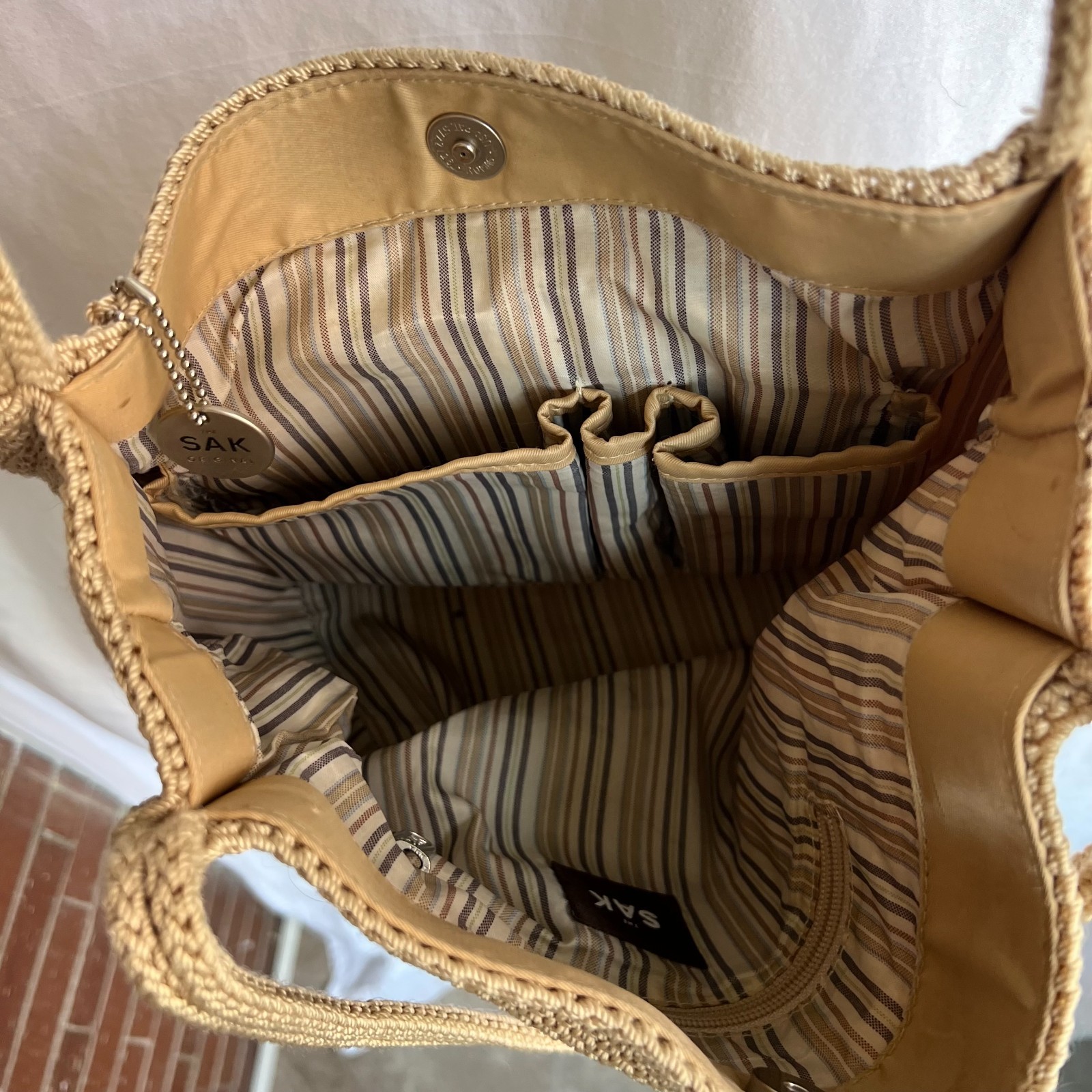 The Sak Original Crochet Tote Bag Beige Woven Shoulder Bag Large Boho Purse