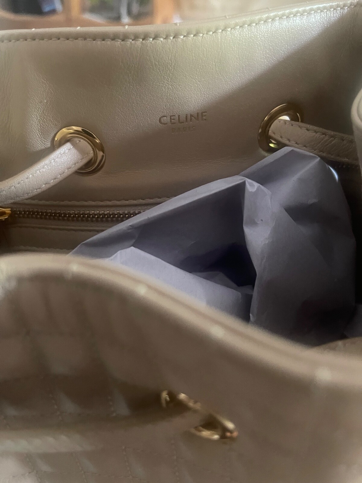 celine medium leather bucket bag with gold c charm