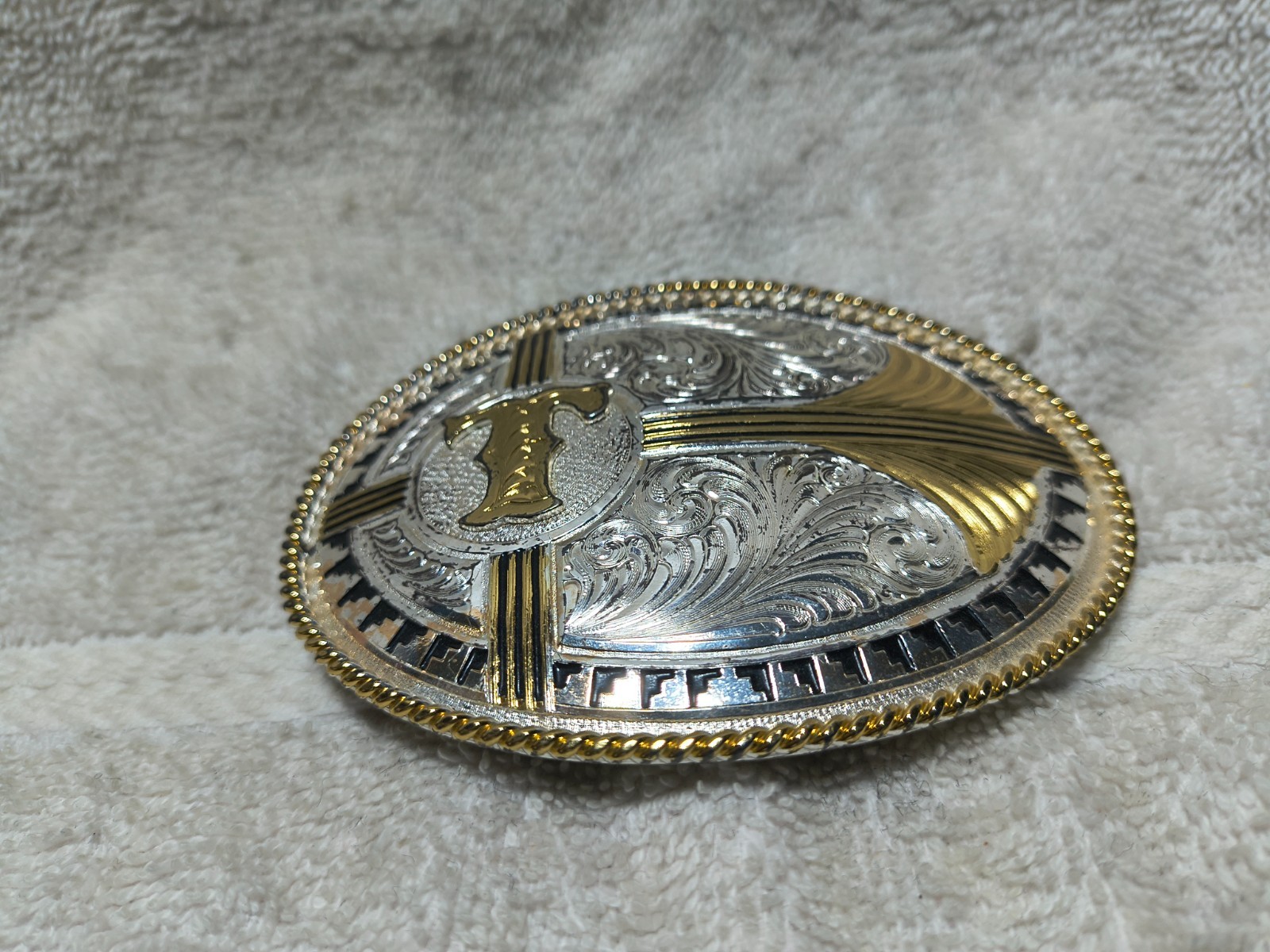 Montana Silversmiths Letter T Buckle Aztec Rope Edge Silver Gold Oval Vintage