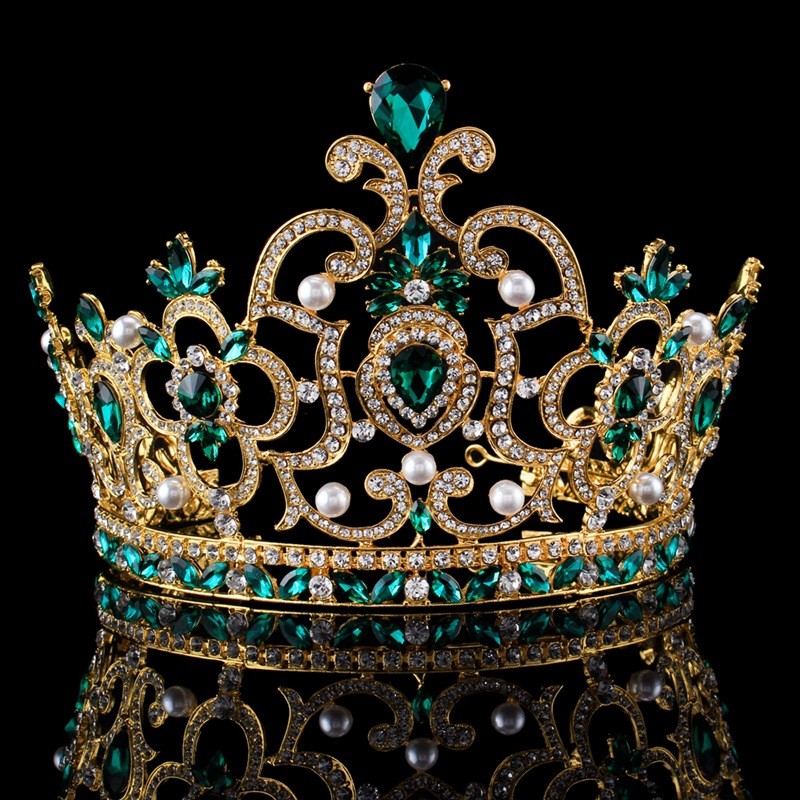 14cm Tall Large Green Crystal Crown Tiara Wedding Prom Queen Princess For Women