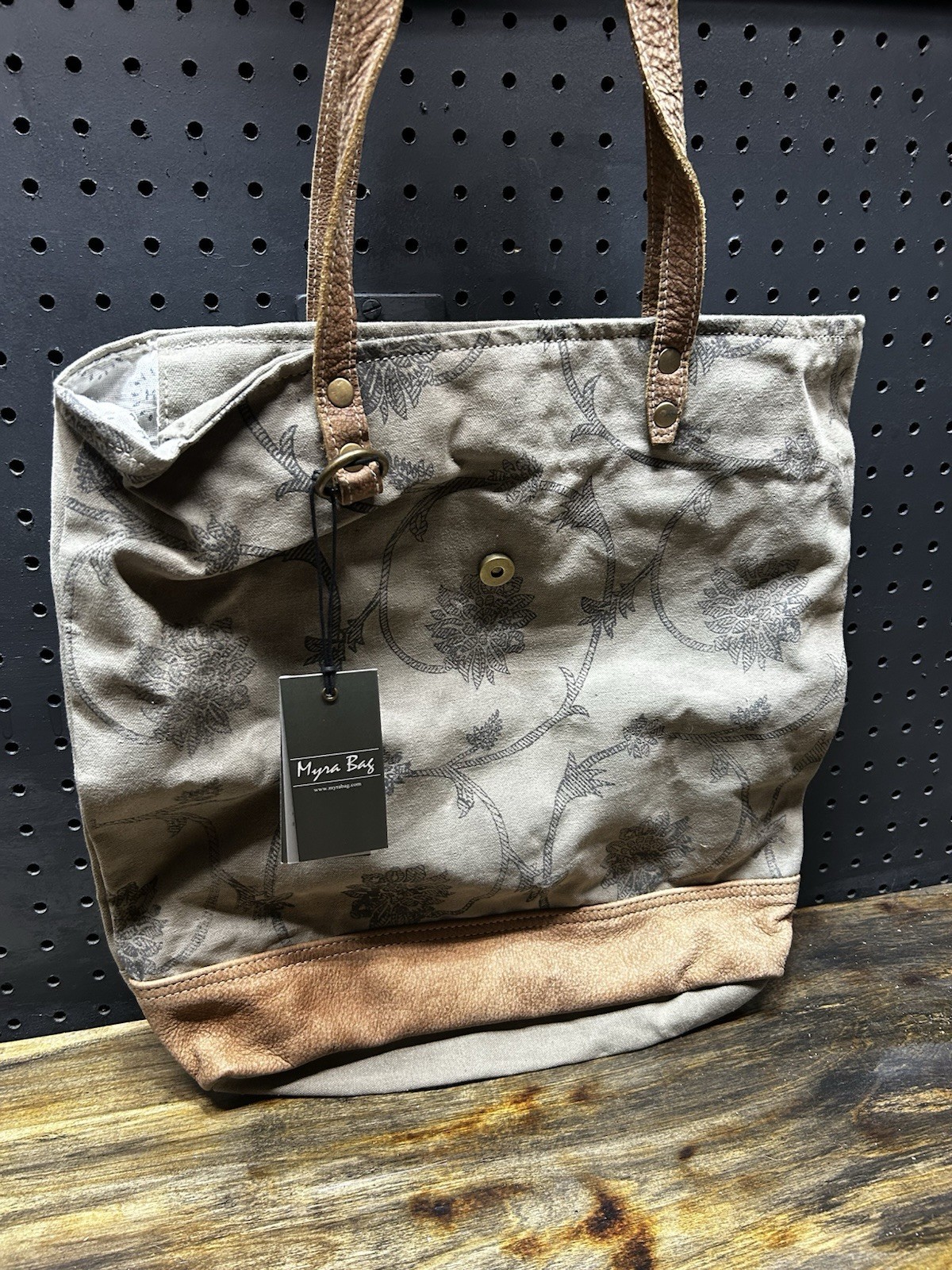 Myra Bag Women’s Gray Floral Tote Brown Double Handles Zip Lined Inner Pockets