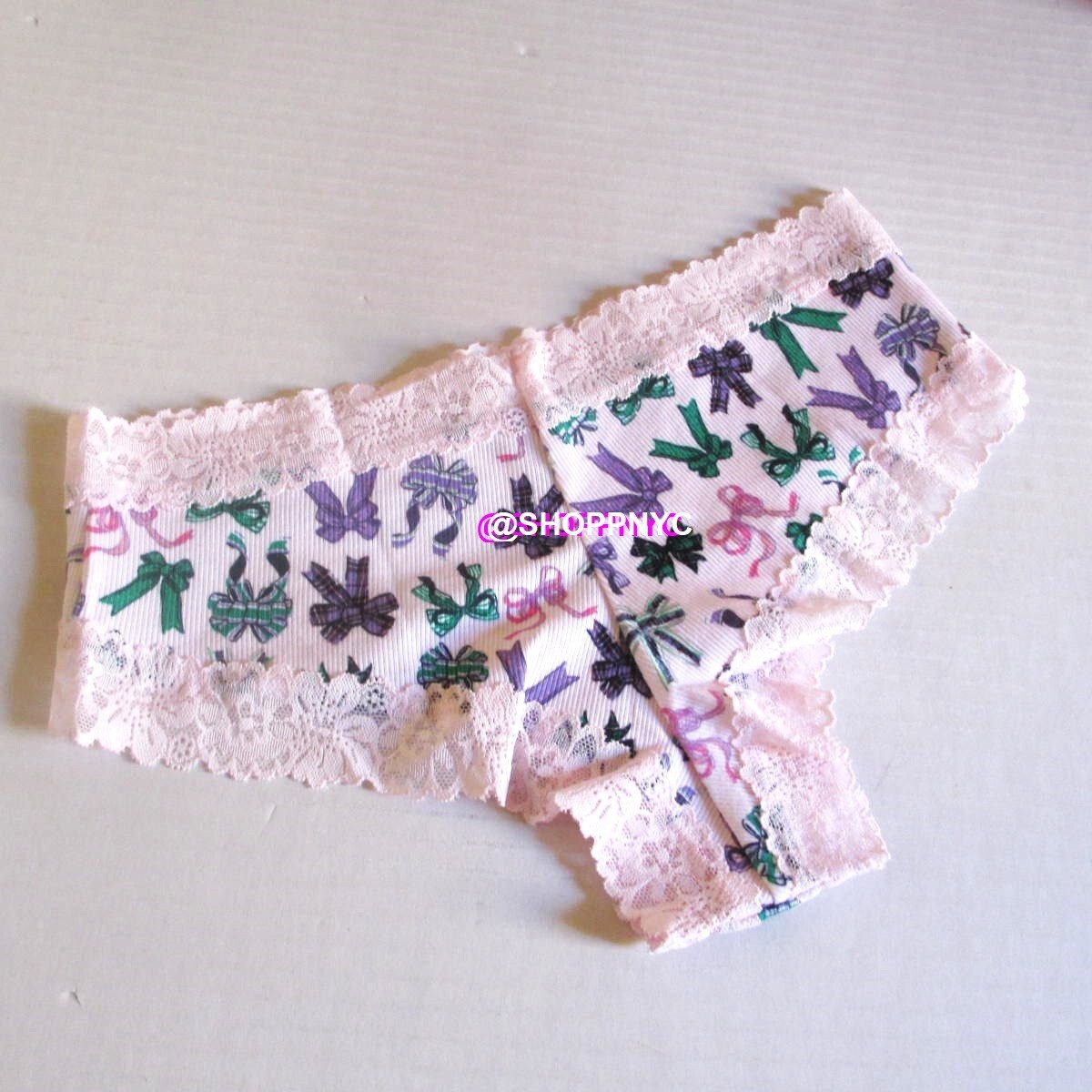 PINK Victoria Secret Cotton Ribbed Cheeky Panty S M L XL Lace Trim Bows Pink
