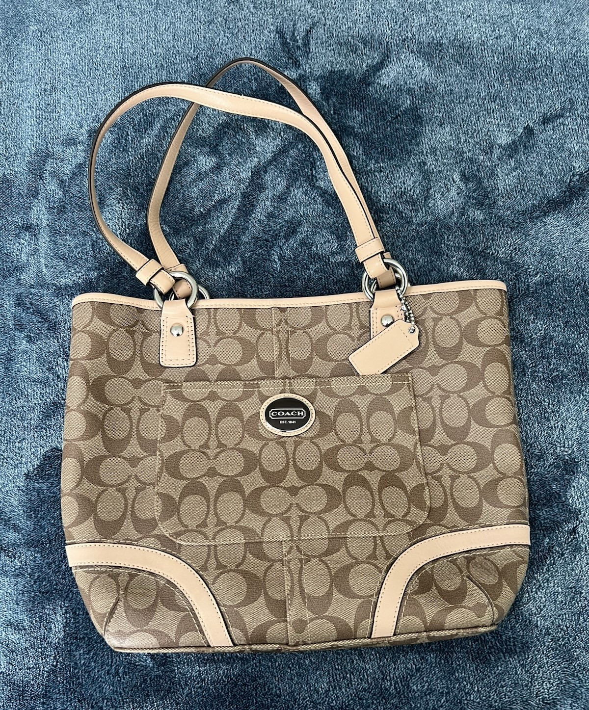 Coach Signature Logo Monogram Medium Zip Tote Bag w/ Pockets Beige/Brown