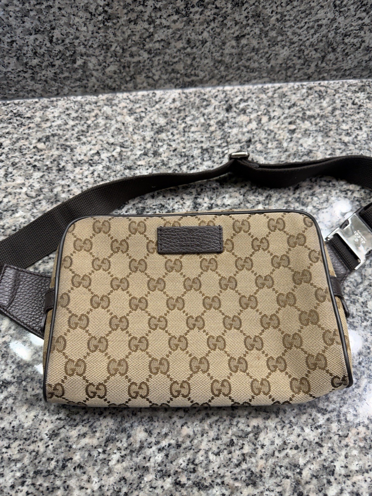 Gucci GG Pattern Beige Brown Crossbody Bag Zip Top Brown Strap Silver Hardware
