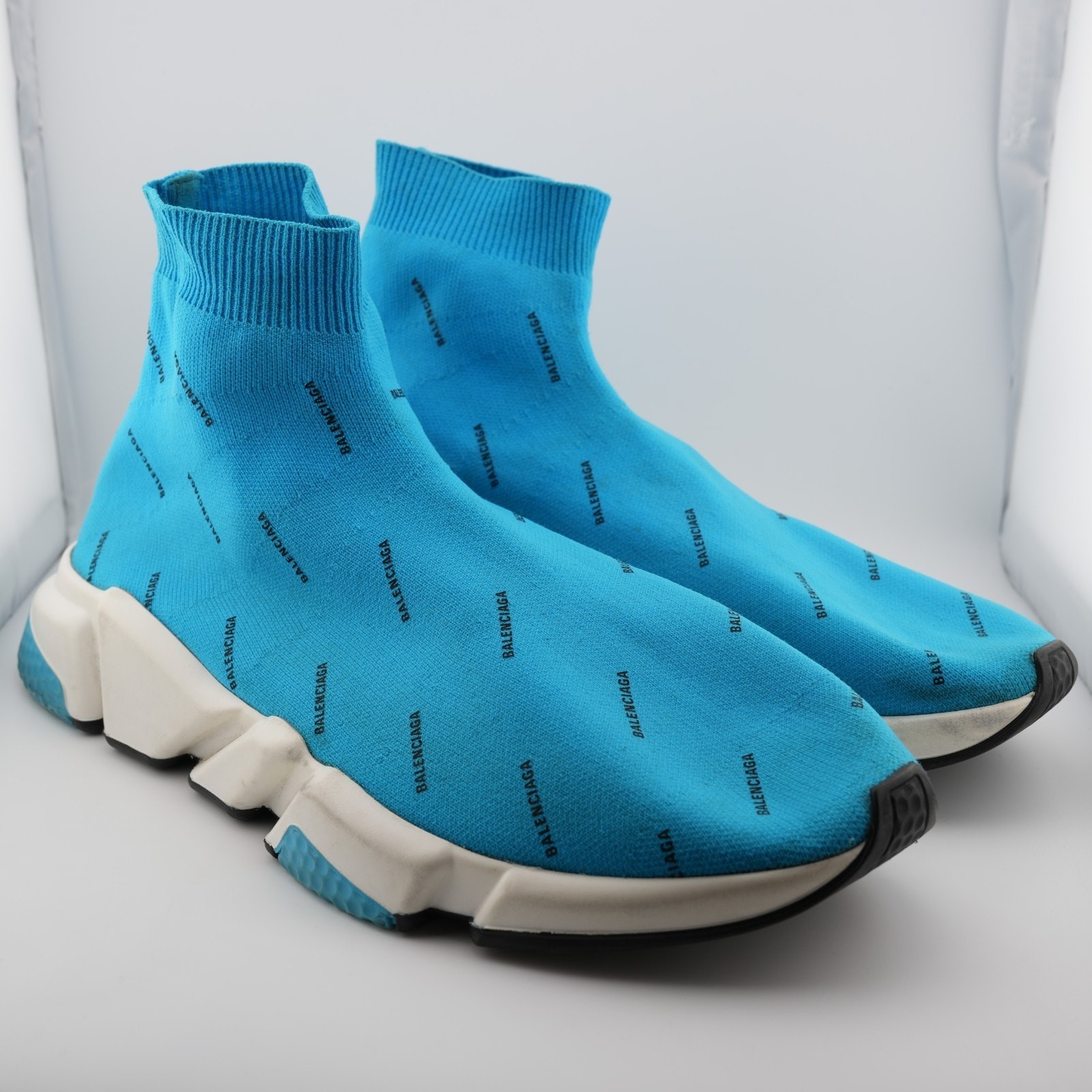 Balenciaga All Over Logo Speed Sneaker Sock Shoe Turquoise Blue US 11 Men’s