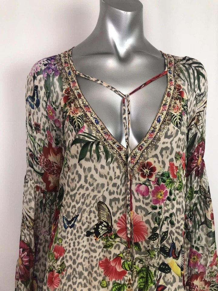 Camilla M/L 12 LEOS BOUQUET A-Line Gathered Panel Dress Short Silk Crystals $699