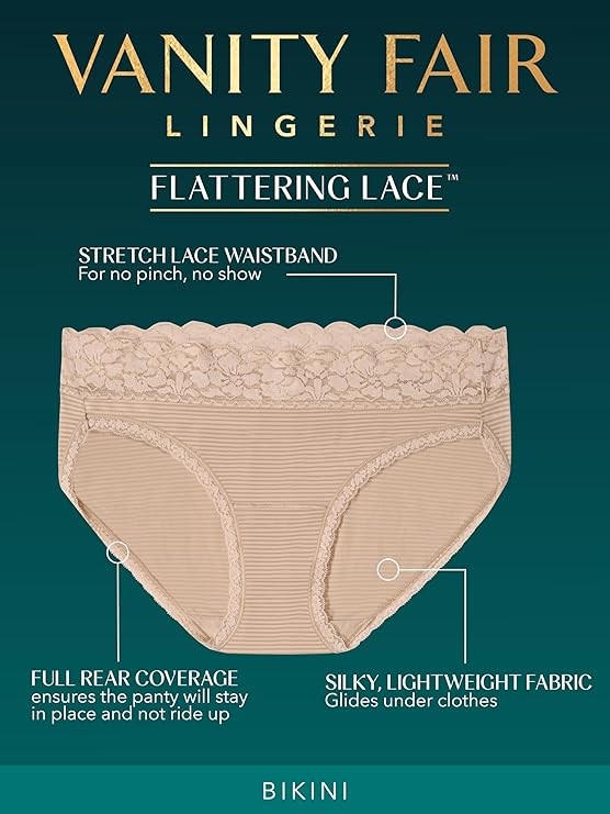 3 Pack Vanity Fair Women’s Flattering Lace Panties 18383 Bikini Beige, Sz 7 – 8